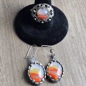 VTG Miracle Orange Gray Agate Silver Metal Ornate Revival Ring Earring Set